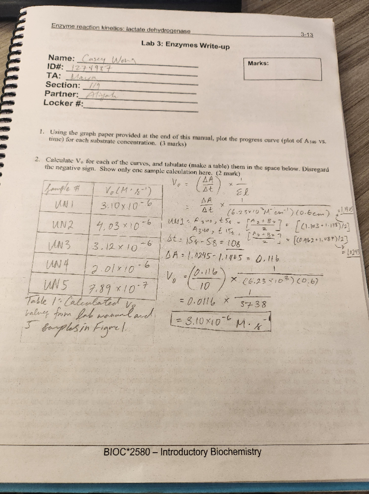 BIOC Lab 3 - Enzymes Lab - Enzyme reaction kinetics: lactate ...