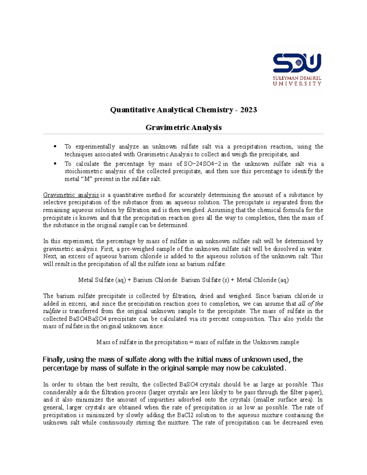Gravimetric analysis lab report Quantitative Analytical Chemistry
