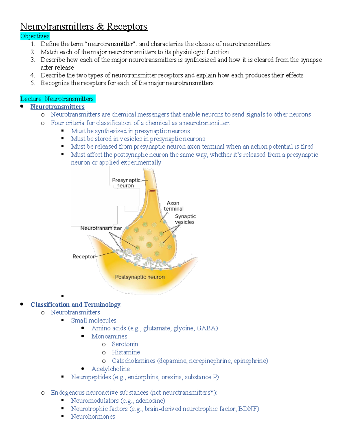 [study Sheet] Integ Pharm 1 Neurotransmitters And Receptors ...