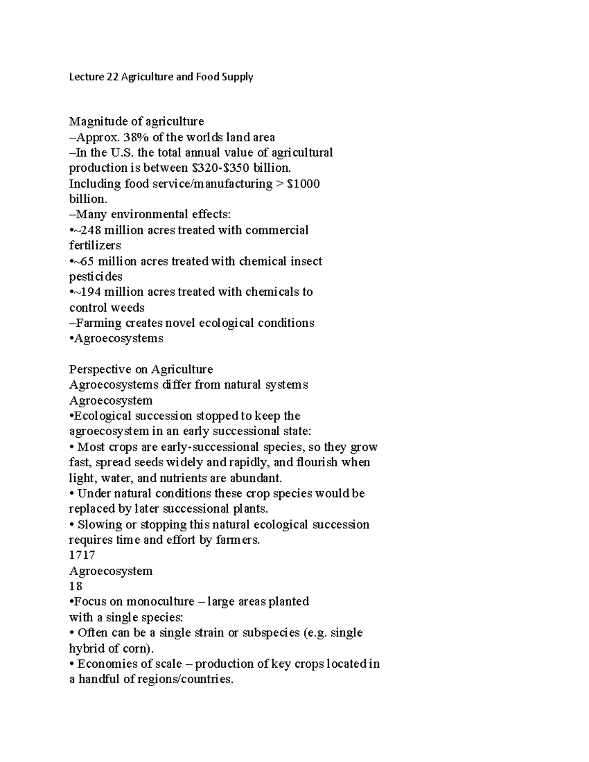 Lecture 22 Agriculture and Food Supply Lecture 22 Agriculture and