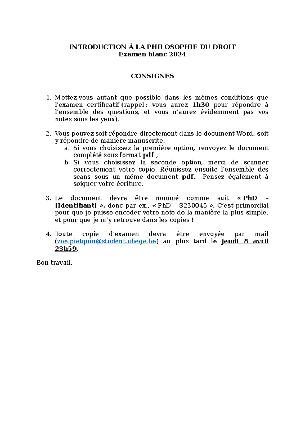 Examen Blanc Ph D - Consignes - INTRODUCTION À LA PHILOSOPHIE DU DROIT ...