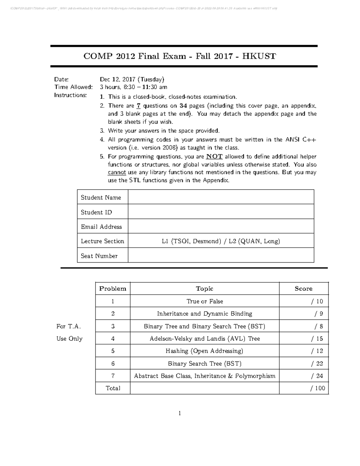 COMP2012 2017 F FN - past paper - COMP 2012 Final Exam - Fall 2017 ...