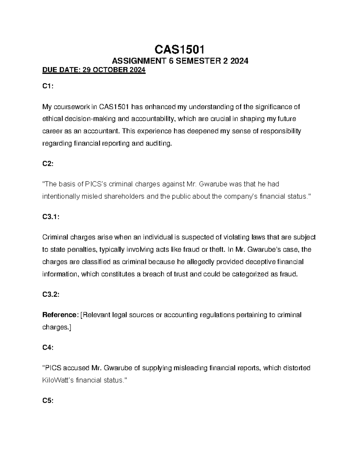 CAS1501 Assignment 6 Semester 2 2024 (731393) - DUE 29 October 2024 ...