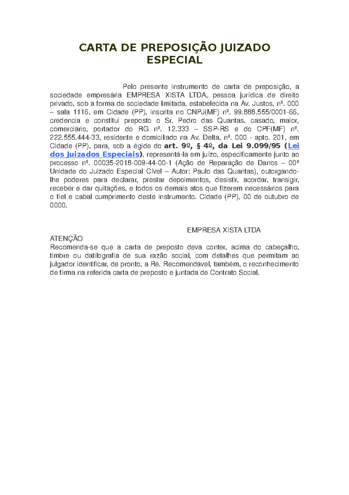 Modelo De Carta De Preposto Trabalhista