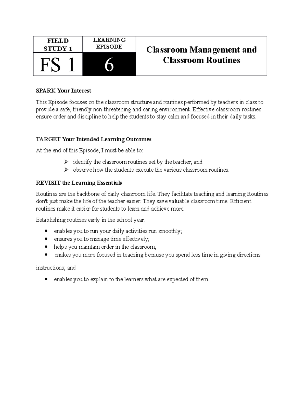 FS 1 Episode 6 7 hahh FIELD STUDY 1 LEARNING EPISODE Classroom