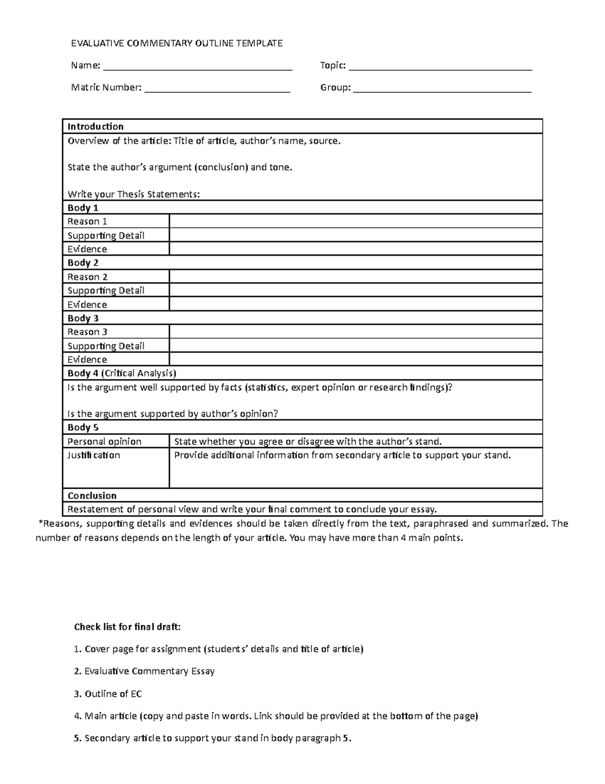 EC Outline Template - elc - EVALUATIVE COMMENTARY OUTLINE TEMPLATE Name ...