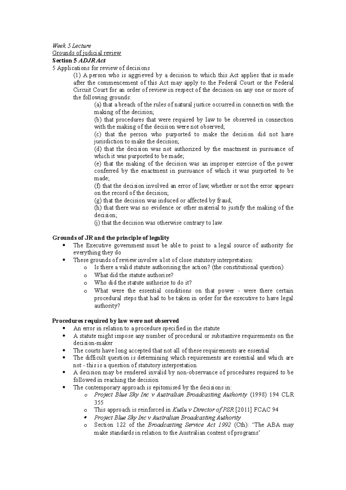 Week 5 Lecture - Week 5 Lecture Grounds of judicial review Section 5 ...