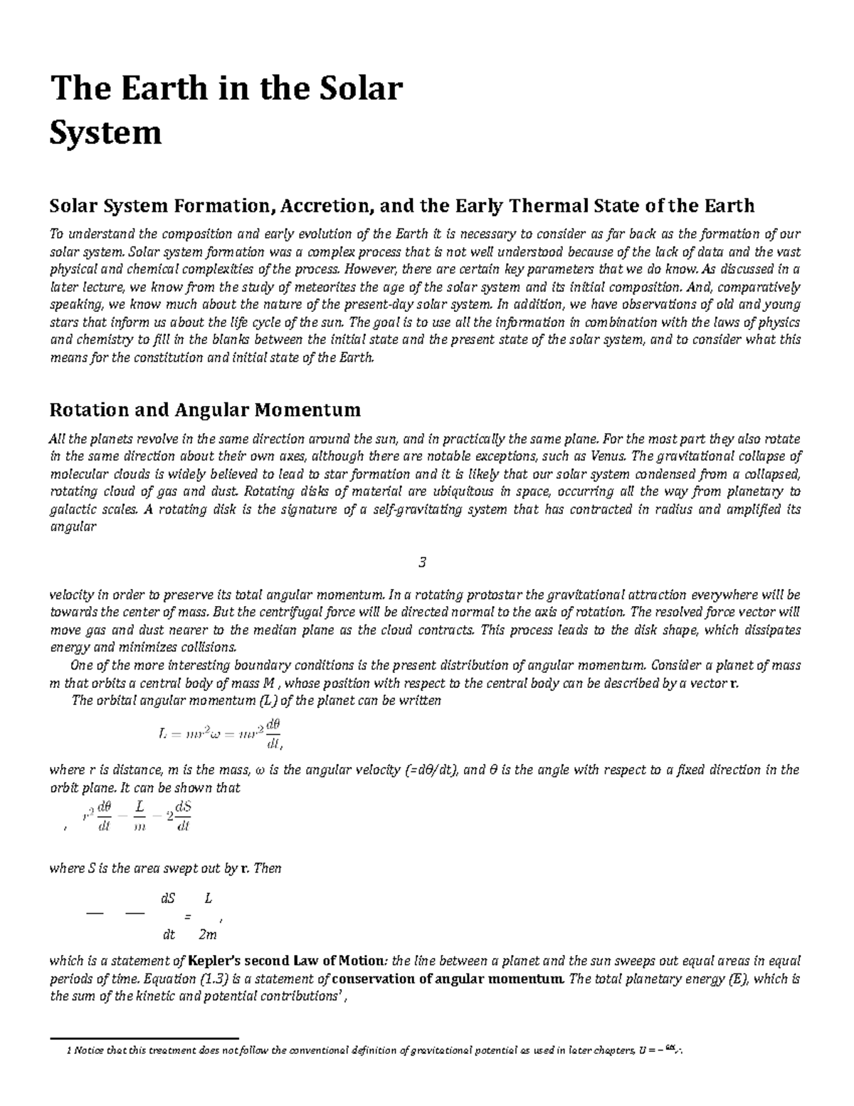 Lecture 1 Notes - The Earth in the Solar System Solar System Formation ...