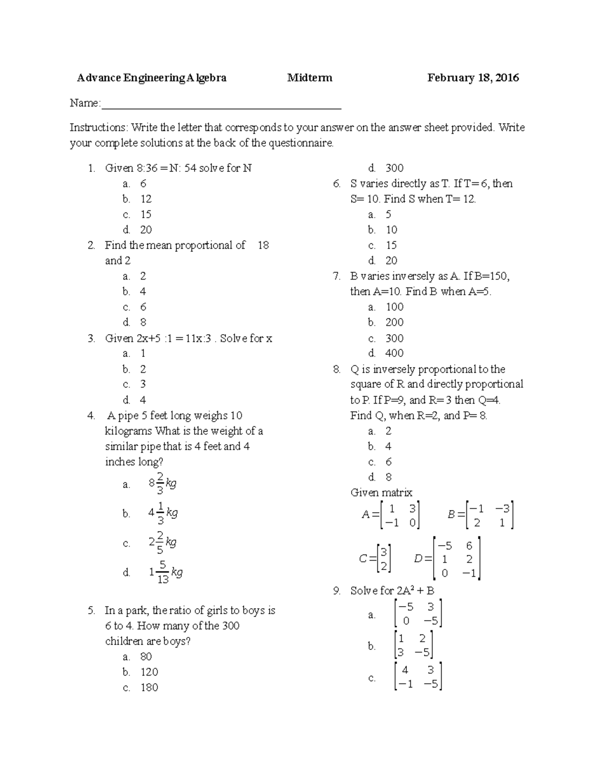 AEA Midterm - College Algebra - Advance Engineering Algebra Midterm ...