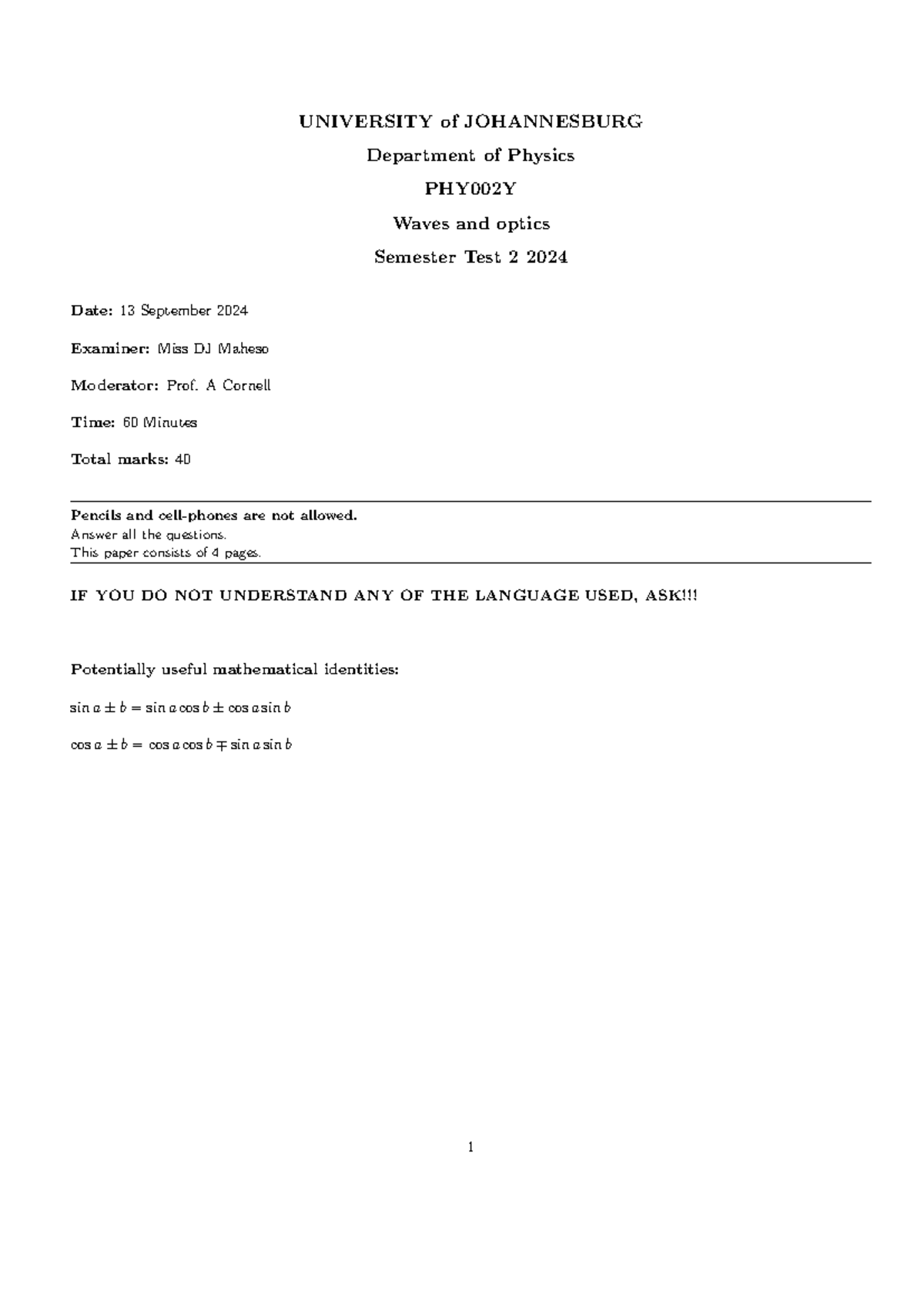 PHY002Y SMT2 MEMO - Semester test 2 with MEMO - UNIVERSITY of ...