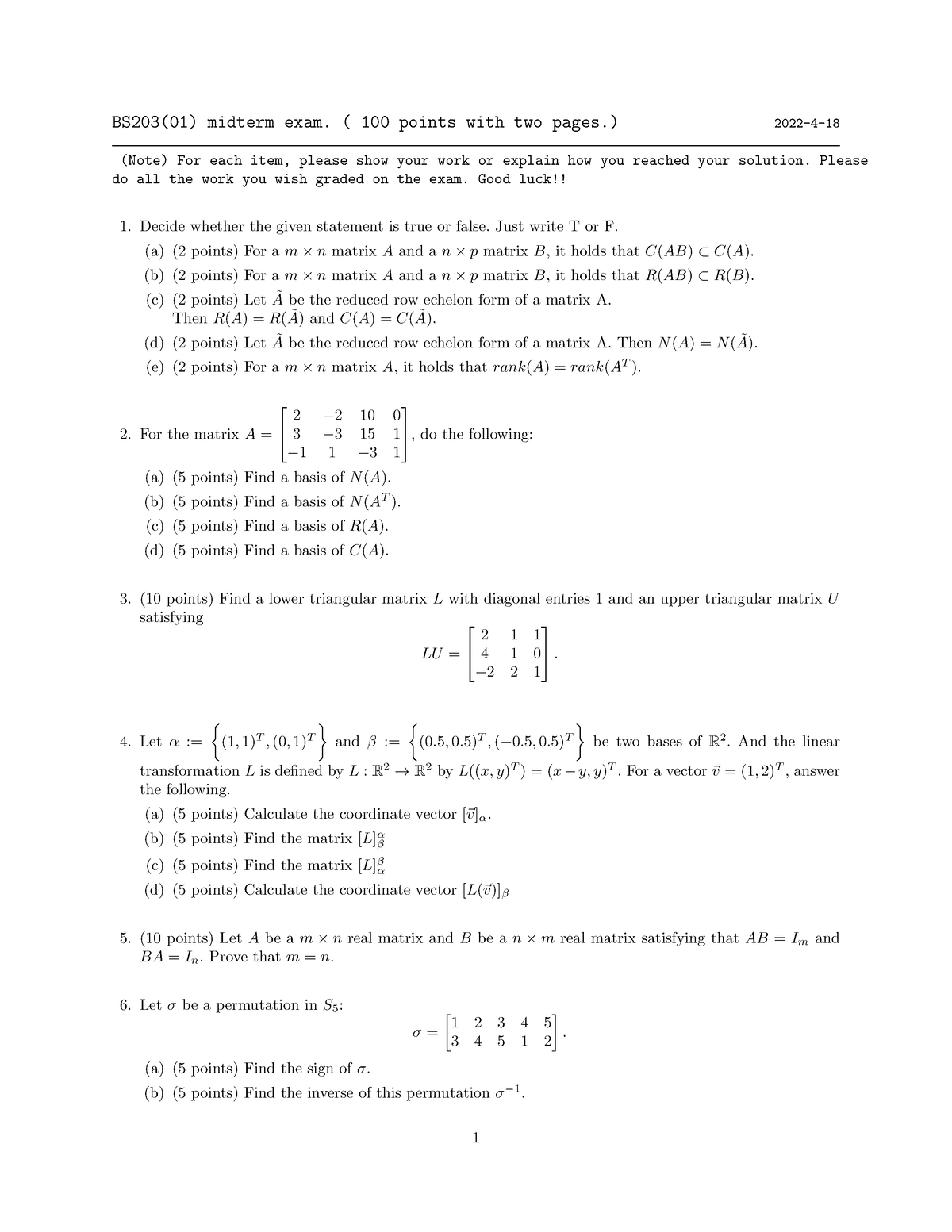 BS203-01 - Linear Algebra Test Exams - BS203(01) Midterm Exam. ( 100 ...