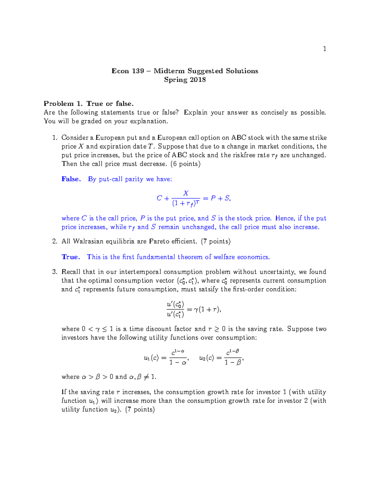 Midterm Spring 2018 Solution - Econ 139 – Midterm Suggested Solutions ...