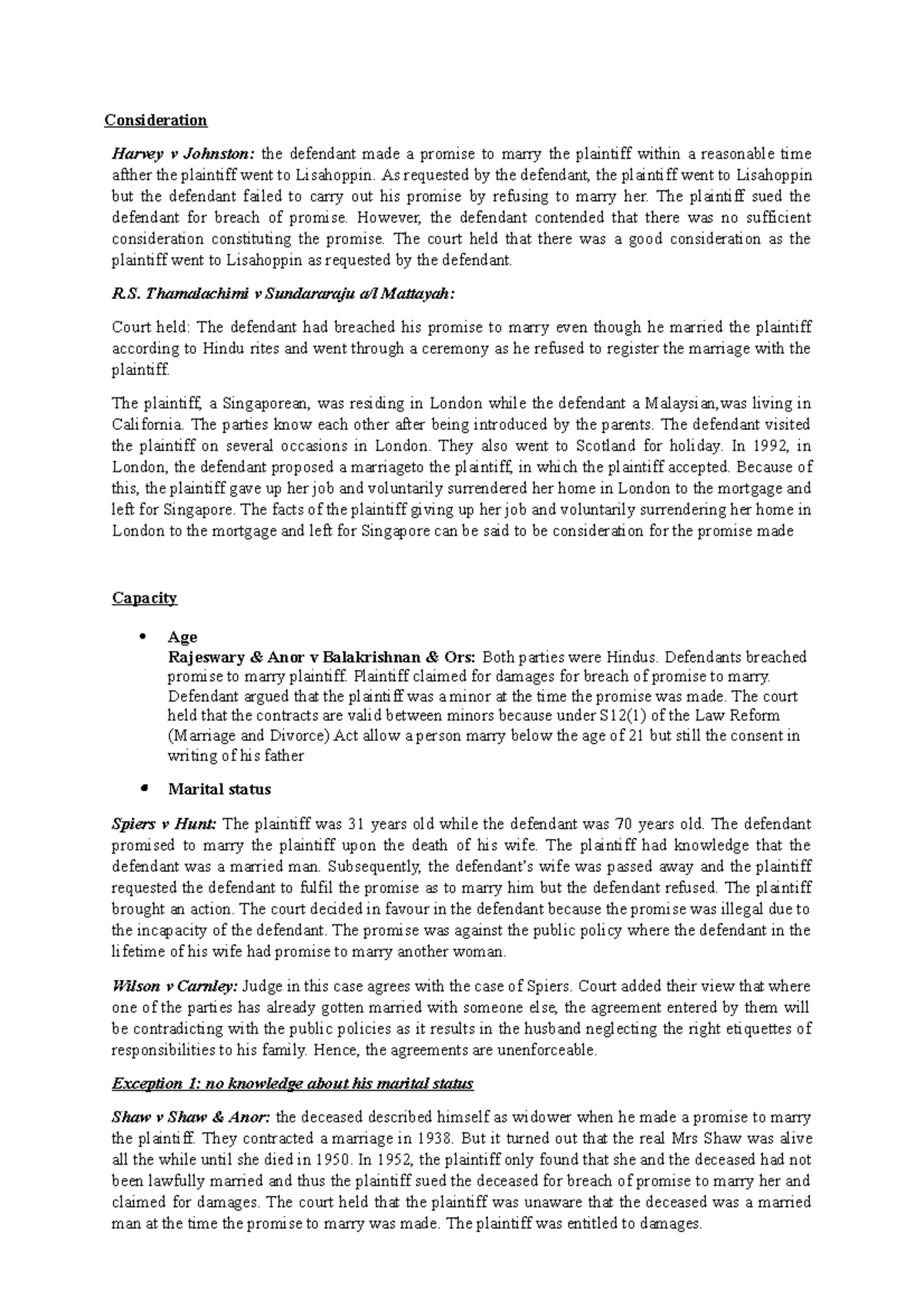 Cases summary (promise to marry) - Consideration Harvey v Johnston: the