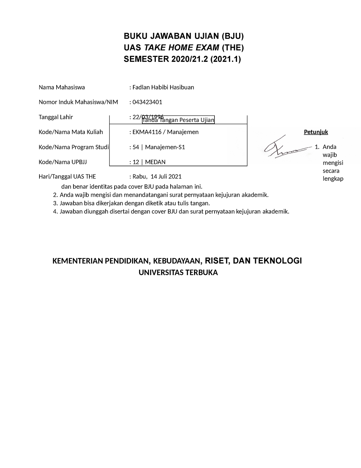 EKMA4116 Manajemen - Tanda Tangan Peserta Ujian BUKU JAWABAN UJIAN (BJU ...