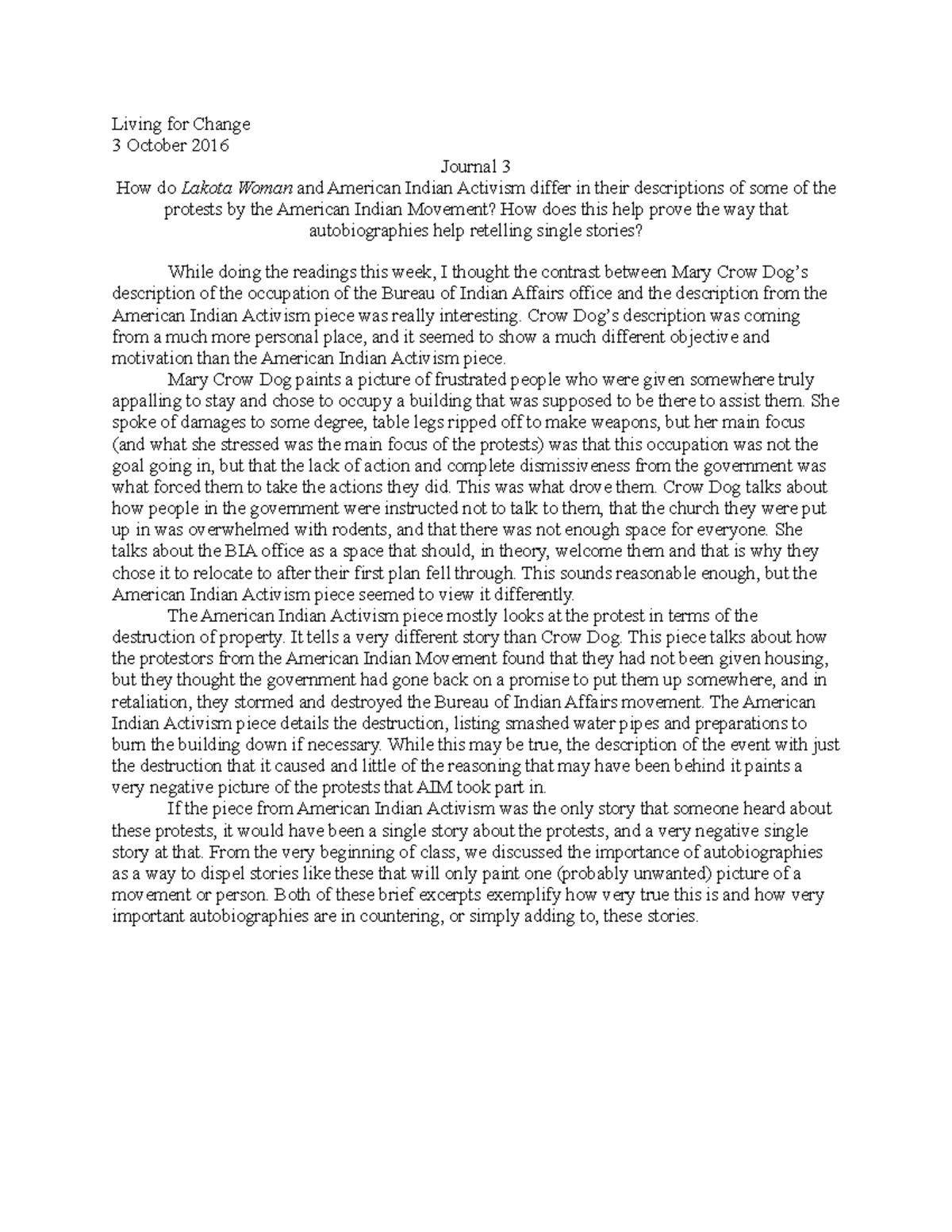 Journal 3 Lakota Woman Living for Change 3 October 2016 Journal 3