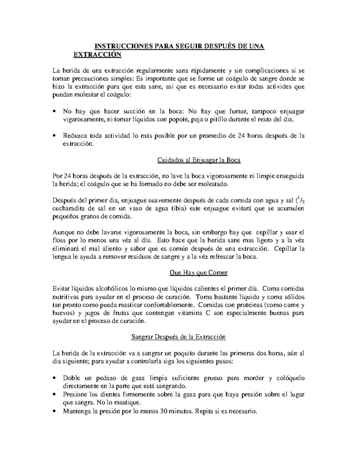 Post op instructions Spanish INSTRUCCIONES PARA SEGUIR DESPUÉS DE UNA
