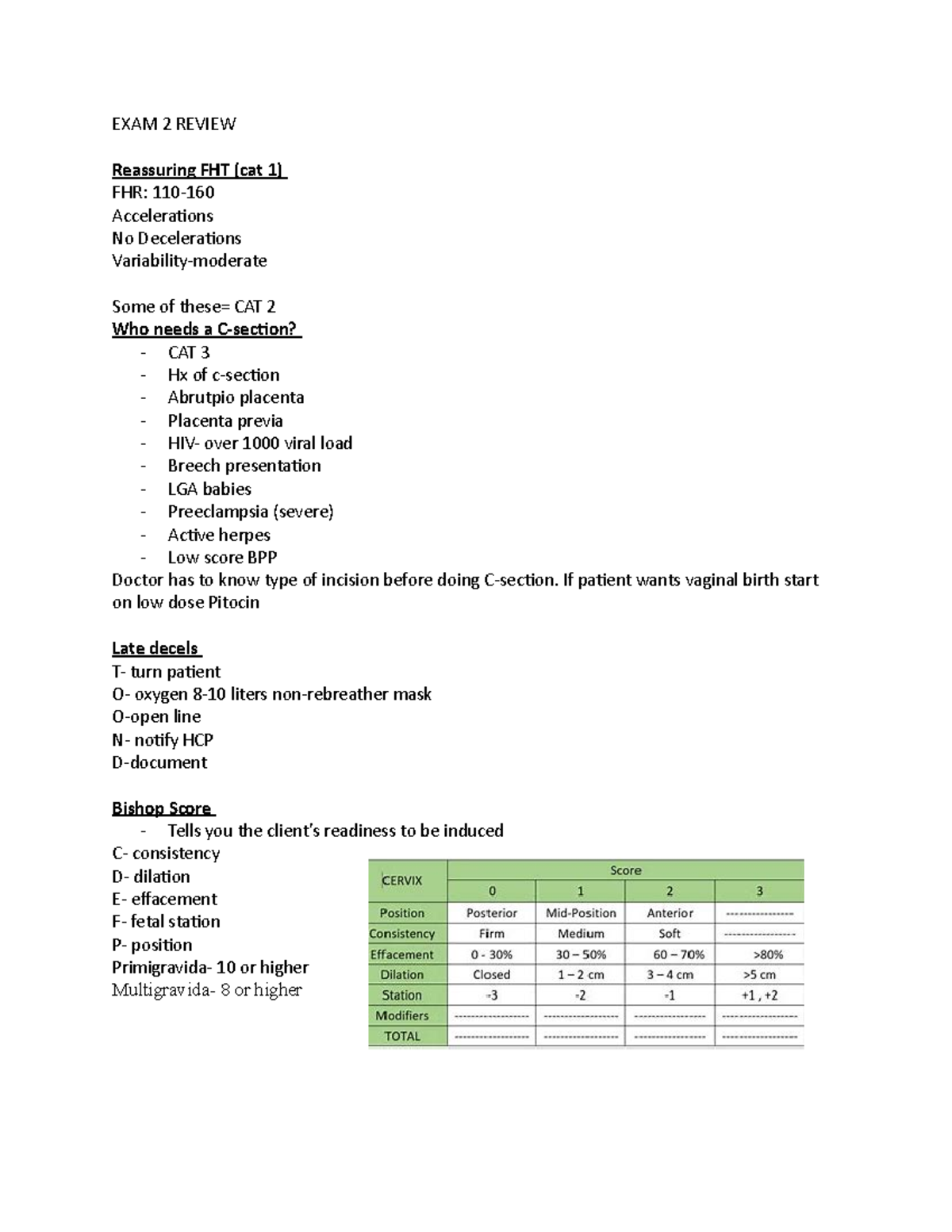 EXAM 2 Review - EXAM 2 REVIEW Reassuring FHT (cat 1) FHR: 110 ...