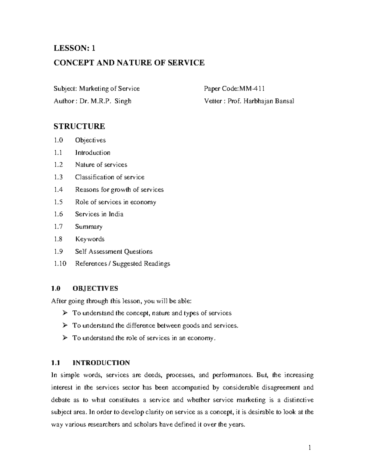 Service Marketing Lecture Notes LESSON 1 CONCEPT AND NATURE OF 