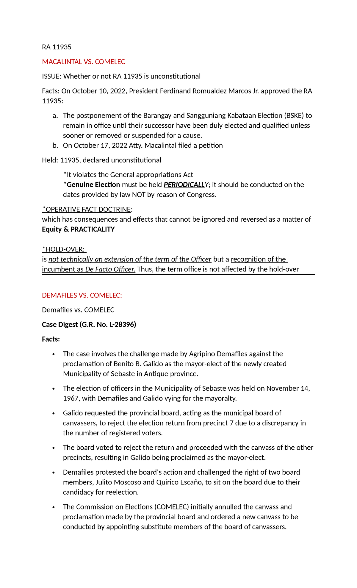 election law notes - RA 11935 MACALINTAL VS. COMELEC ISSUE: Whether or ...