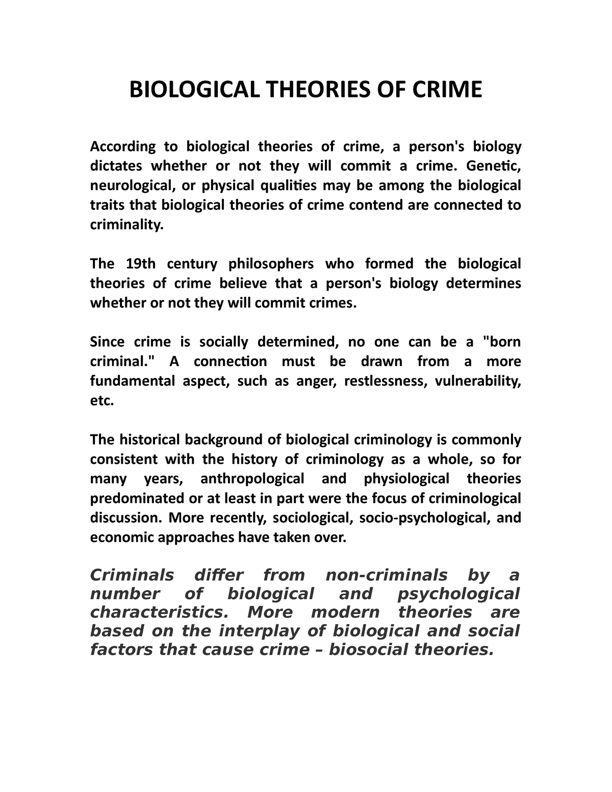 Biological Theories OF Crime BIOLOGICAL THEORIES OF CRIME According 