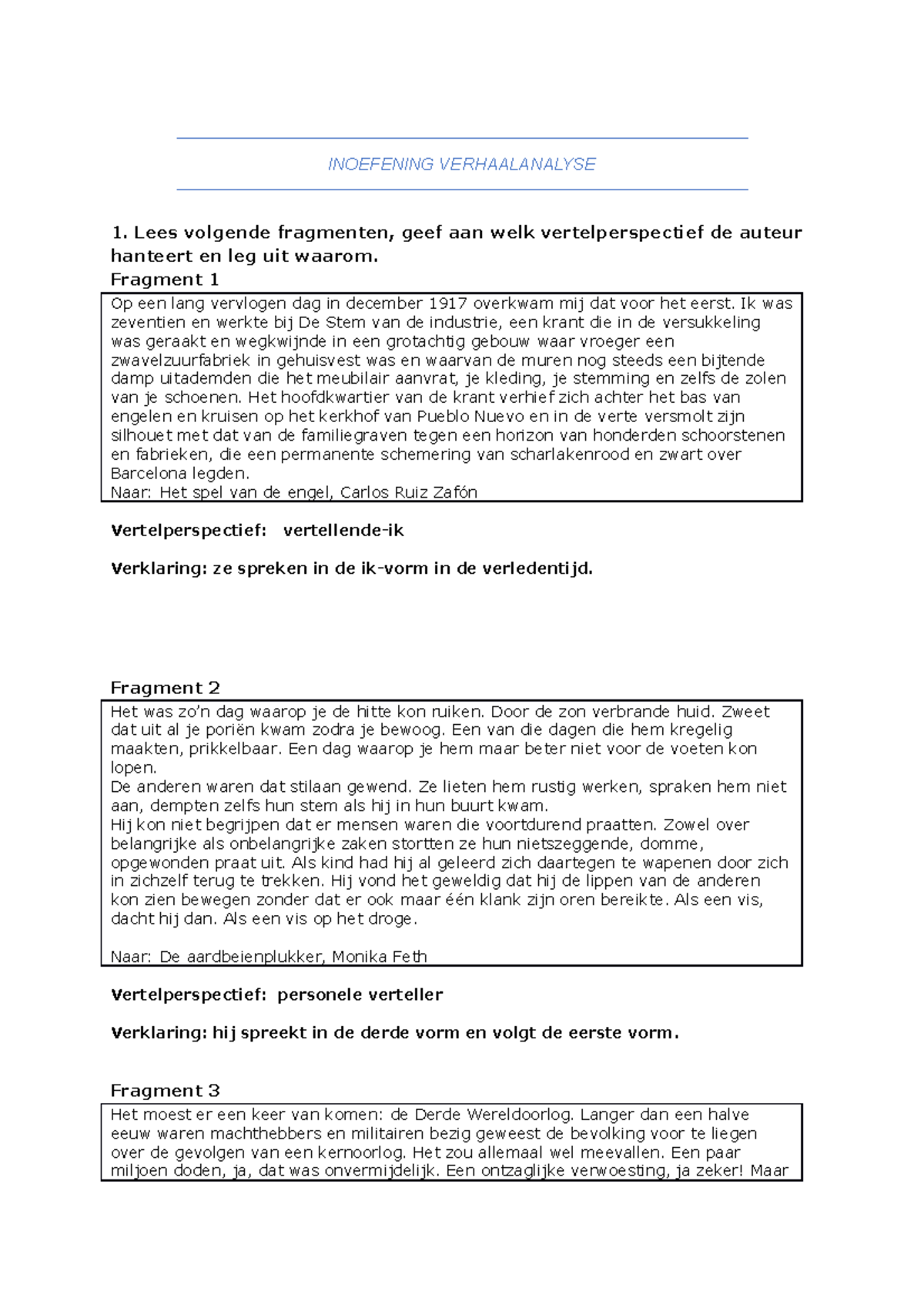 Inoefening Vertelperspectieven - INOEFENING VERHAALANALYSE 1. Lees ...