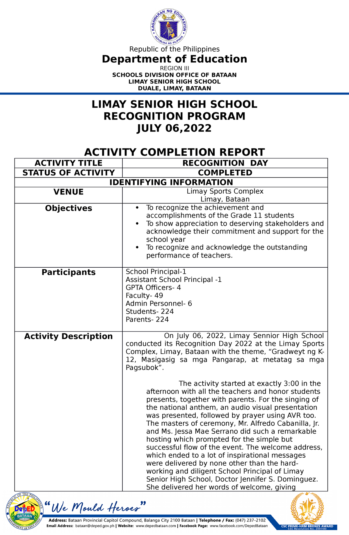 Activity . Completion - a narrative report - Department of Education ...