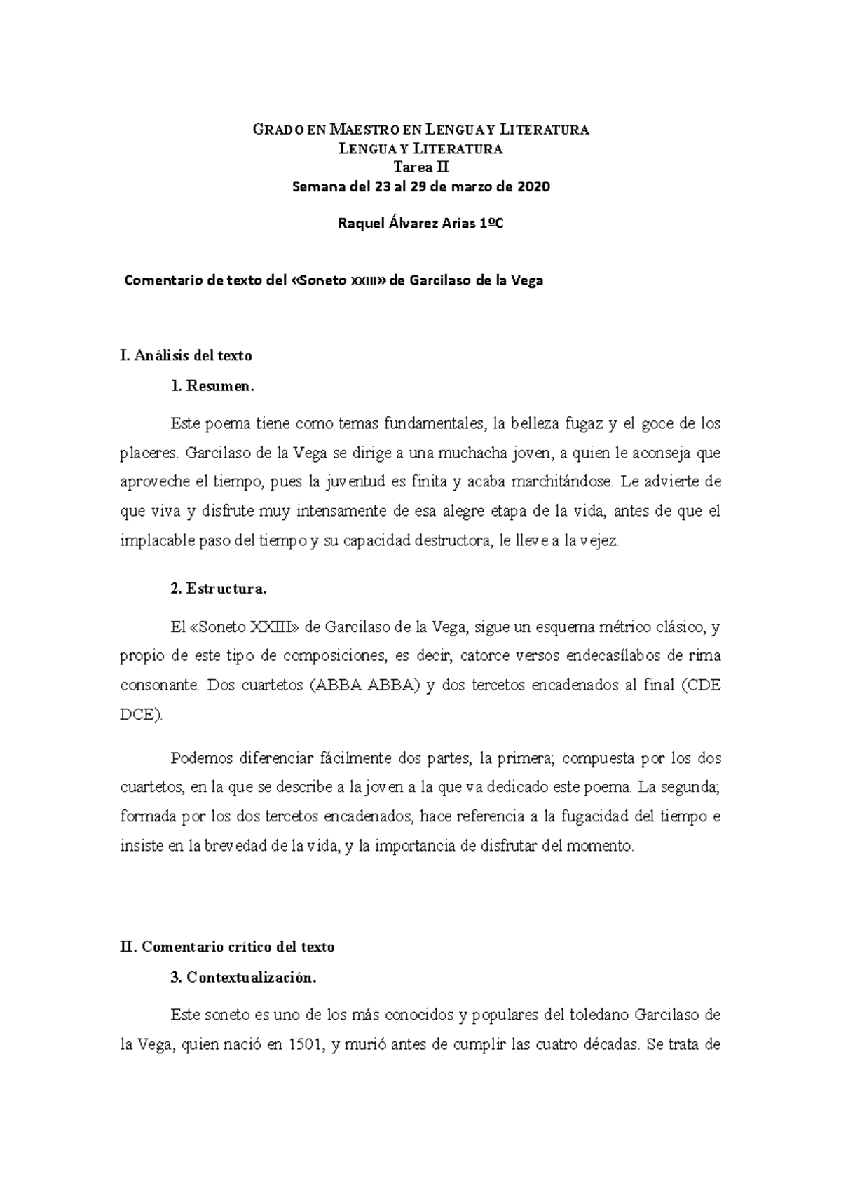 Soneto Xxiii Garcilaso De La Vega GRADO EN MAESTRO EN LENGUA Y 