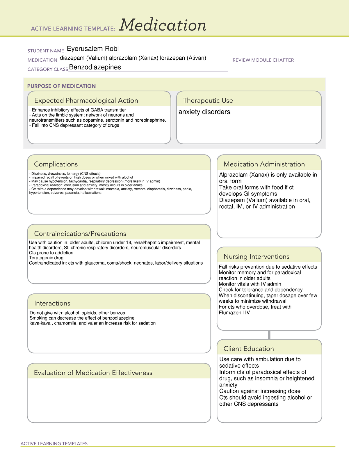 MED CARD Benzodiazepines ACTIVE LEARNING TEMPLATES Medication STUDENT