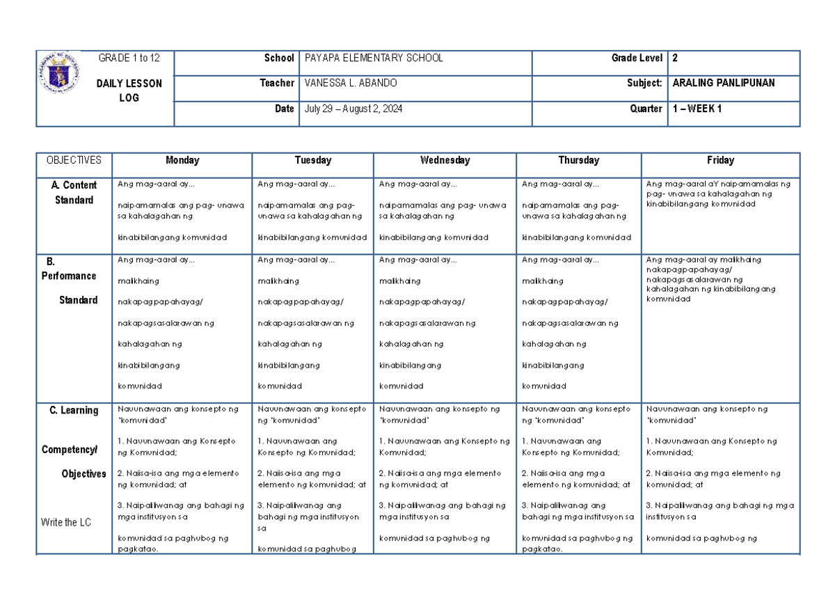 AP2 Q1 - W1 - lesson plan - GRADE 1 to 12 DAILY LESSON LOG School ...