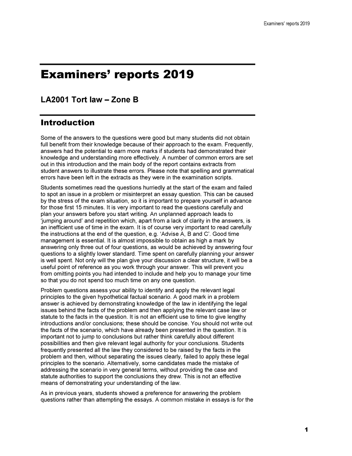 Tort-report-2019-B - Examiners’ Reports 2019 Examiners’ Reports 2019 LA ...