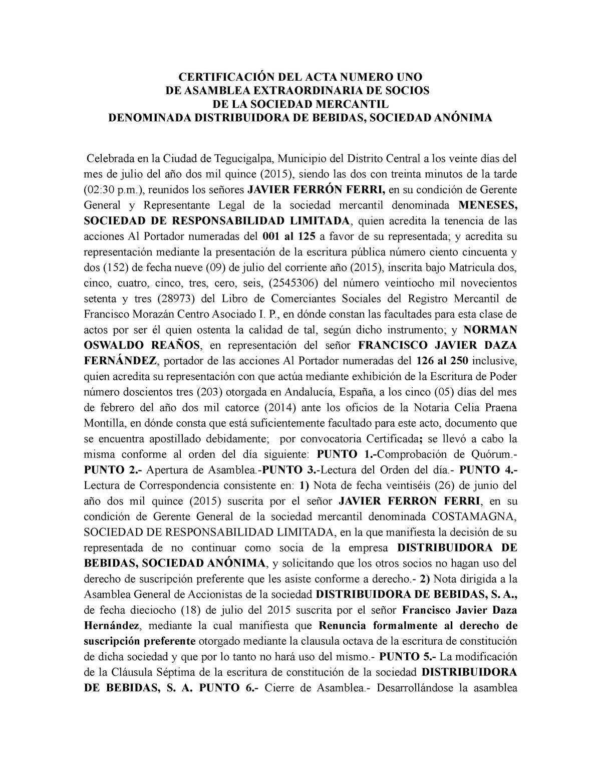 Actas De Asambleas Nota A Certificaci N Del Acta Numero Uno De