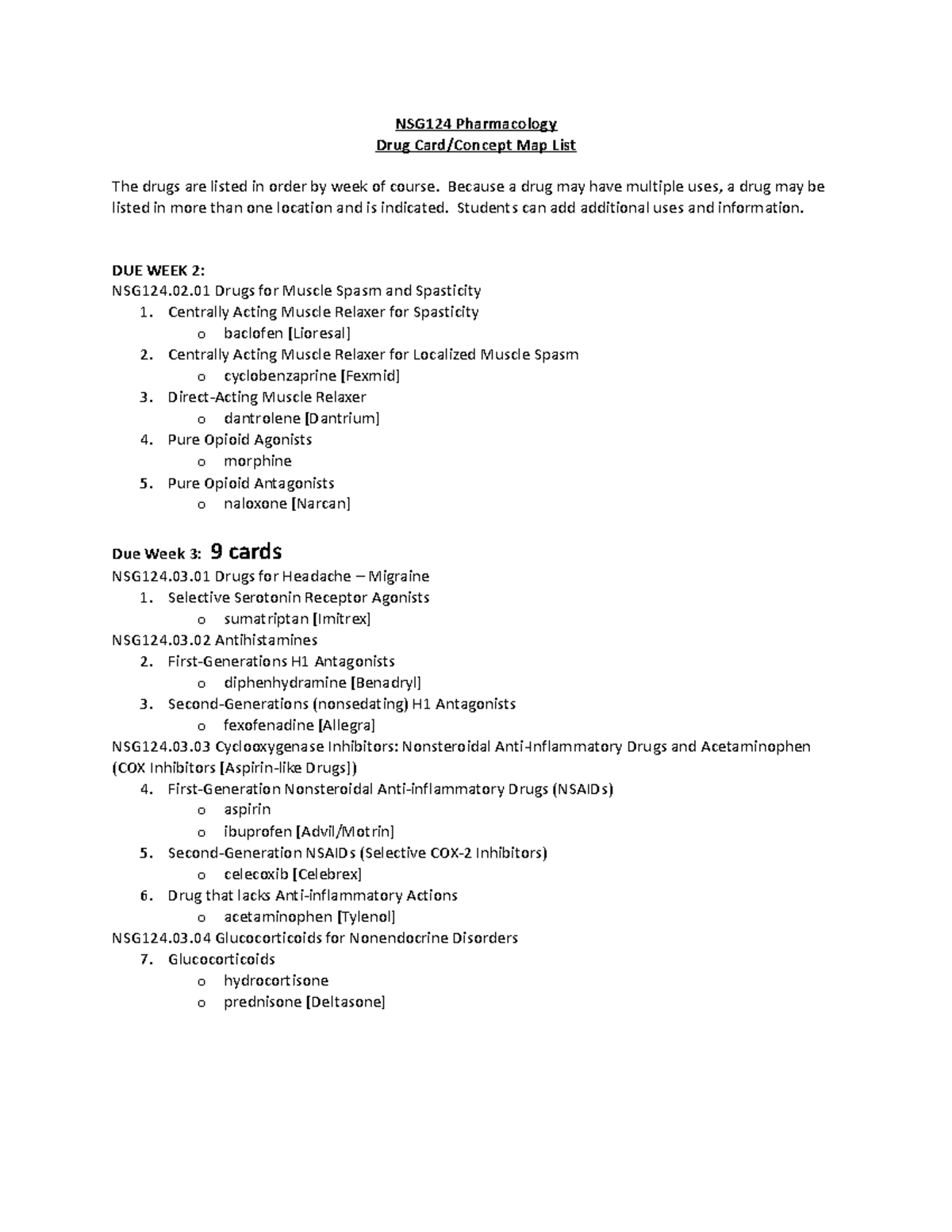 Drug List for Drug Cards - NSG124 Pharmacology Drug Card/Concept Map ...
