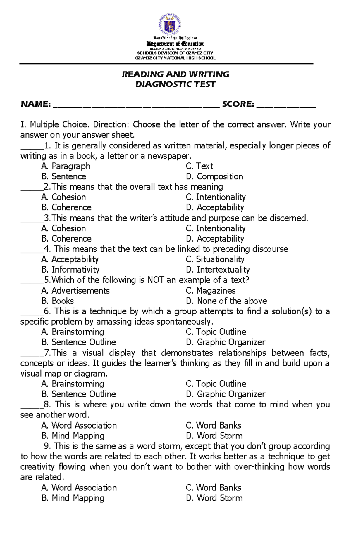 Diagnostic TEST Department of Education REGION X NORTHERN MINDANAO SCHOOLS DIVISION OF