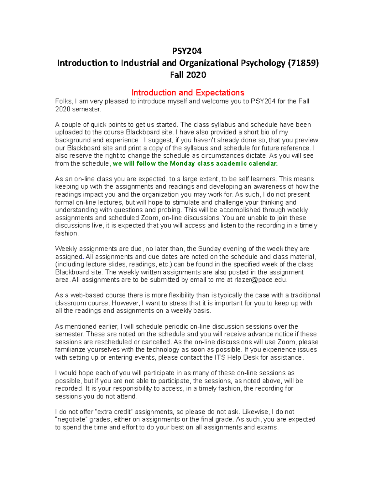 Introduction and Expectations Fall 2020rev8 - PSY Introducion to ...