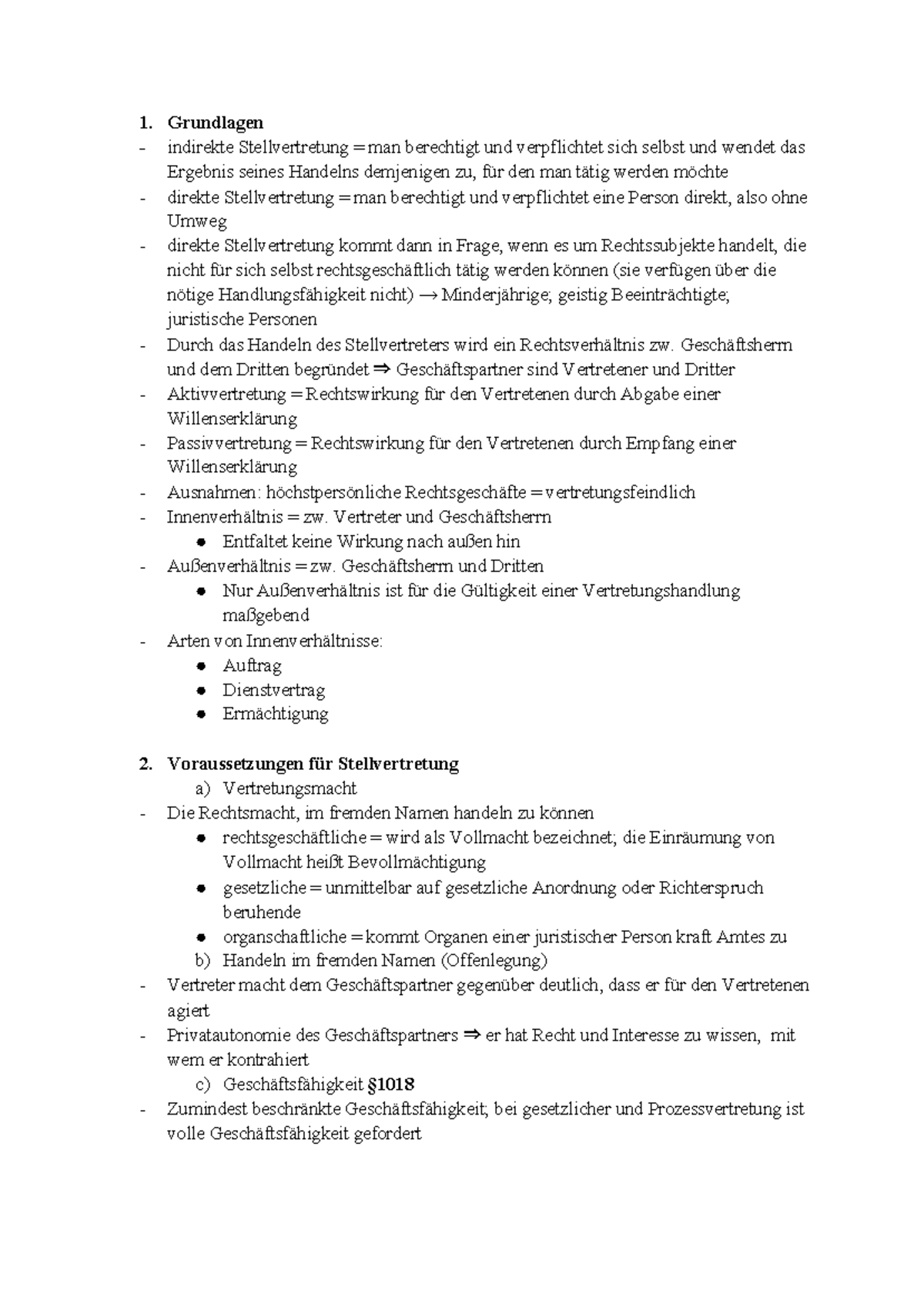 Stellevrtretung - Zusammenfassung - 1. Grundlagen - indirekte Stellvertretung = man berechtigt ...