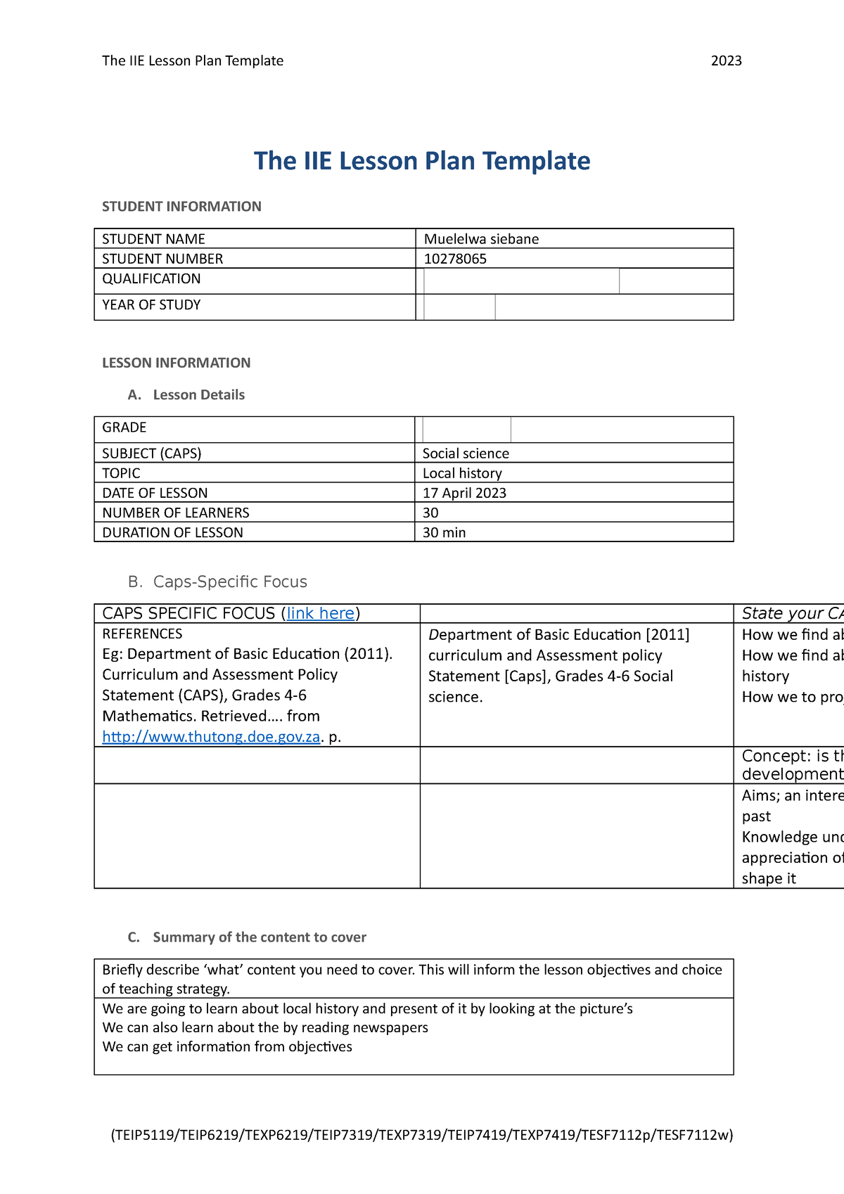 TISS511 - The IIE Lesson Plan Template STUDENT INFORMATION STUDENT NAME ...