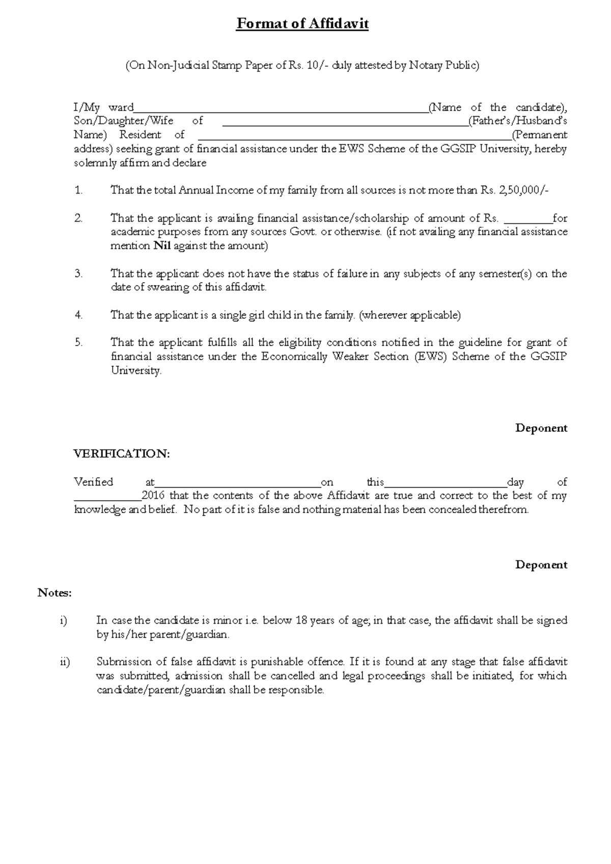 Affidavit Format of Affidavit (On NonJudicial Stamp Paper of Rs. 10