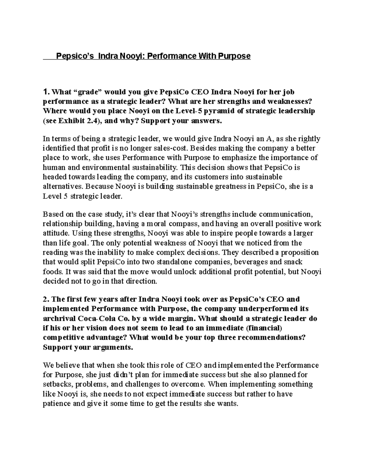 Case - its helpful - Pepsico’s Indra Nooyi: Performance With Purpose ...
