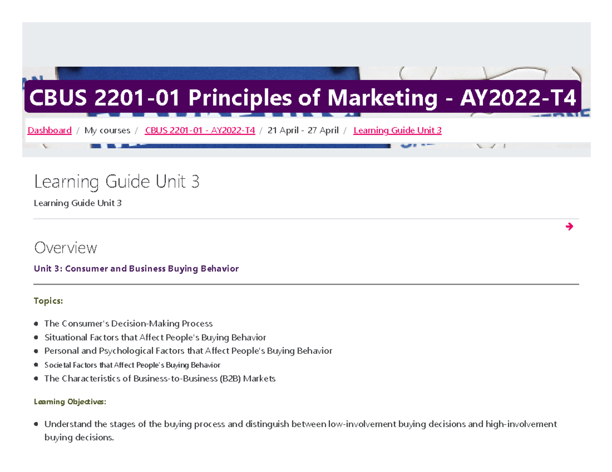 Learning Guide Unit 3 Overview - CBUS 2201-01 Principles of Marketing ...