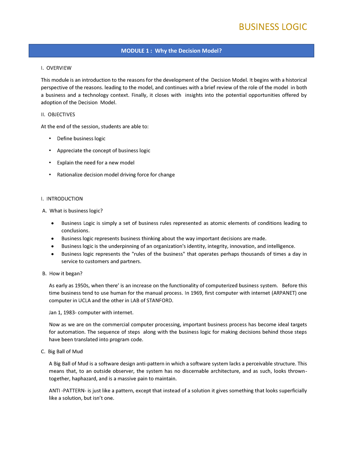 Module 1 Why the Decision Business Model - BUSINESS LOGIC I. OVERVIEW ...