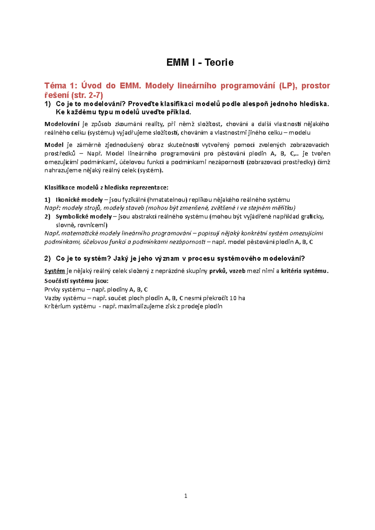 EMM I - teorie - ####### 1 EMM I - Teorie Téma 1: Úvod do EMM. Modely ...