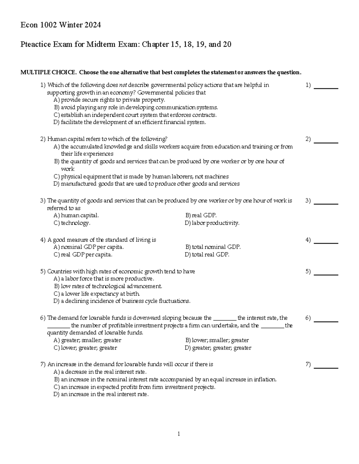 Practice for Midterm - Econ 1002 Winter 2024 Pteactice Exam for Midterm ...