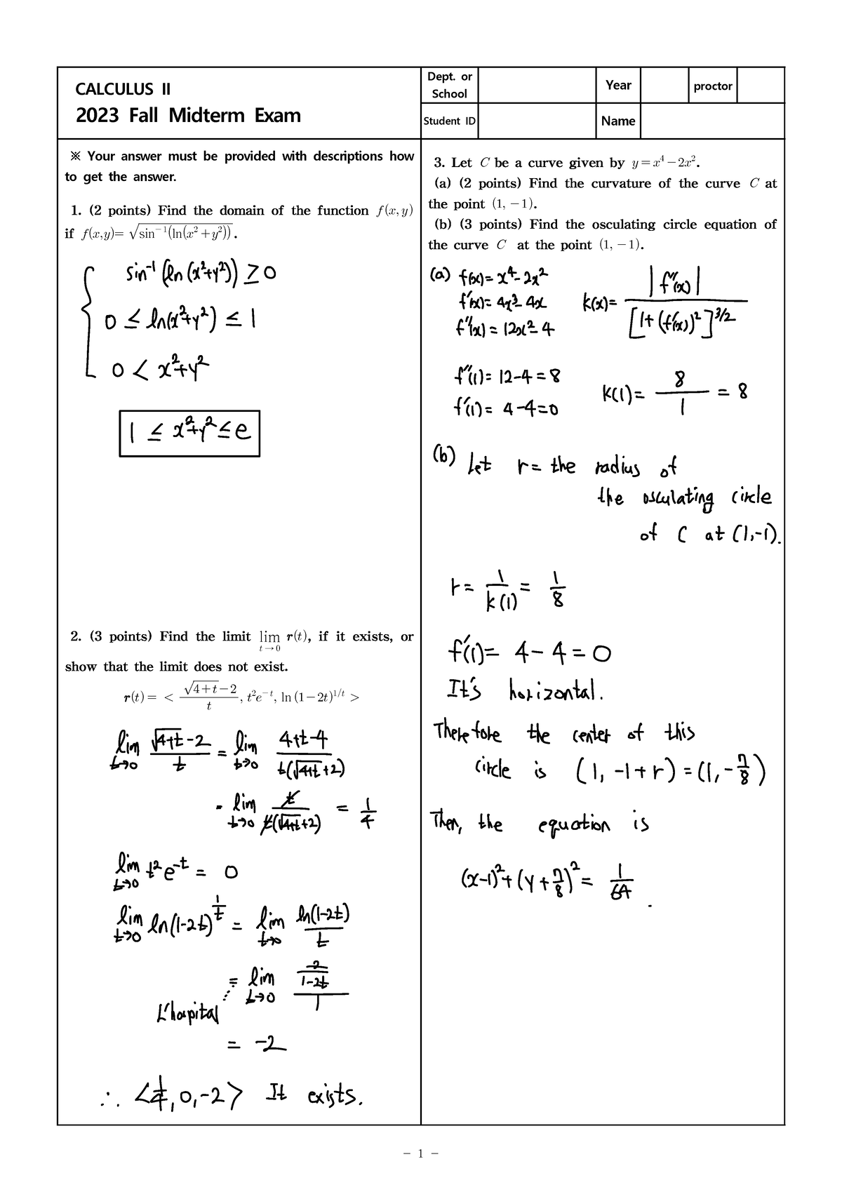 2023 미분적분학2 중간고사 해설 - mid - 1 - CALCULUS II 2023 Fall Midterm Exam Dept ...