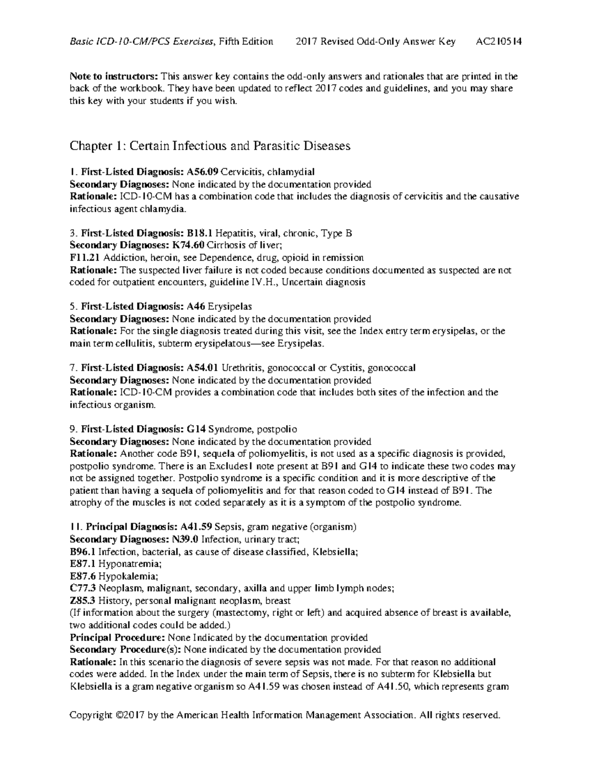 Basic ICD-10-CM PCS Exercises 5th Edition - Answer Key - Note To ...