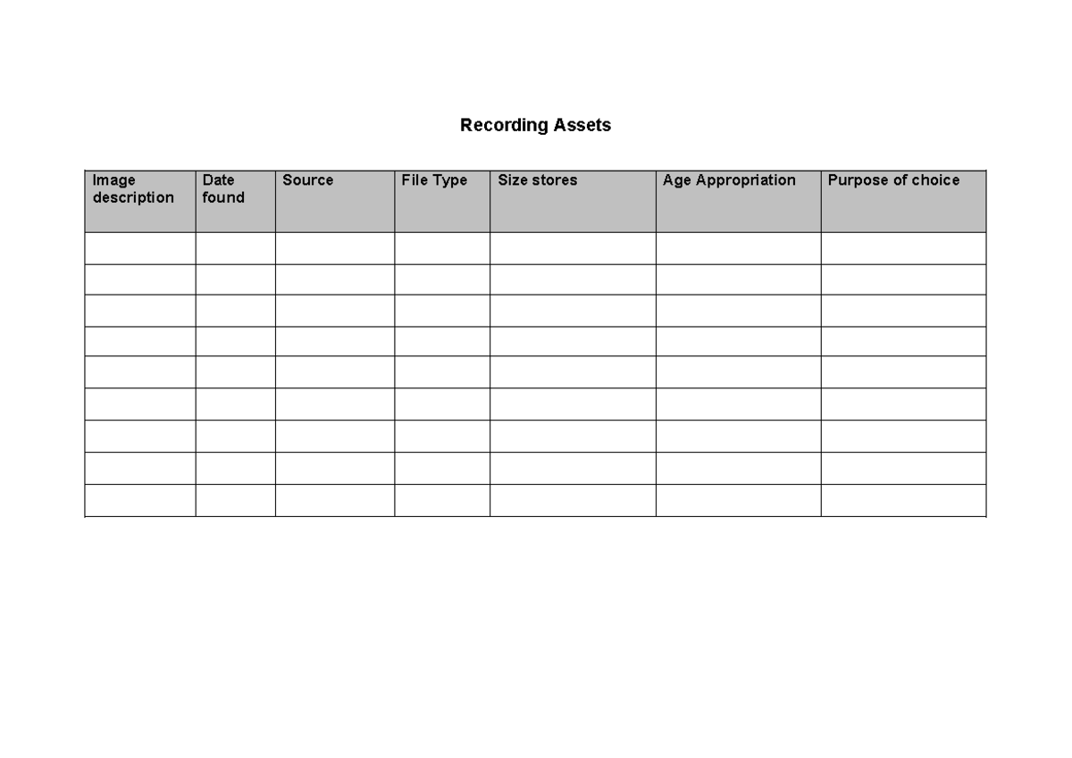 Example Asset list - Recording Assets Image description Date found ...