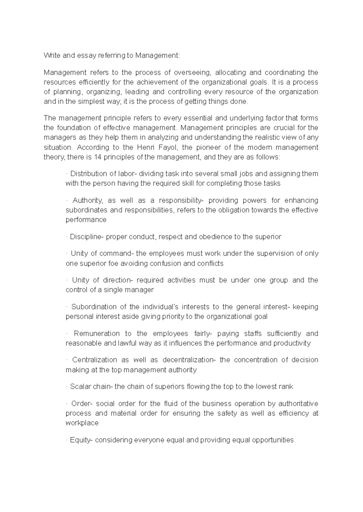 Write and essay referring to Management - Write and essay referring to ...
