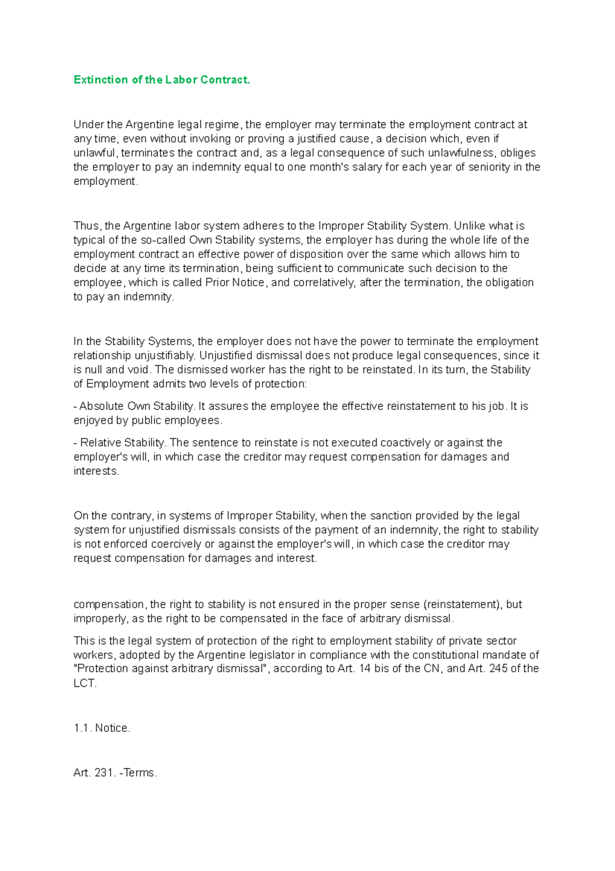 Second Partial Labor Summary. 11 Extinction of the Labor Contract. Under the Argentine legal