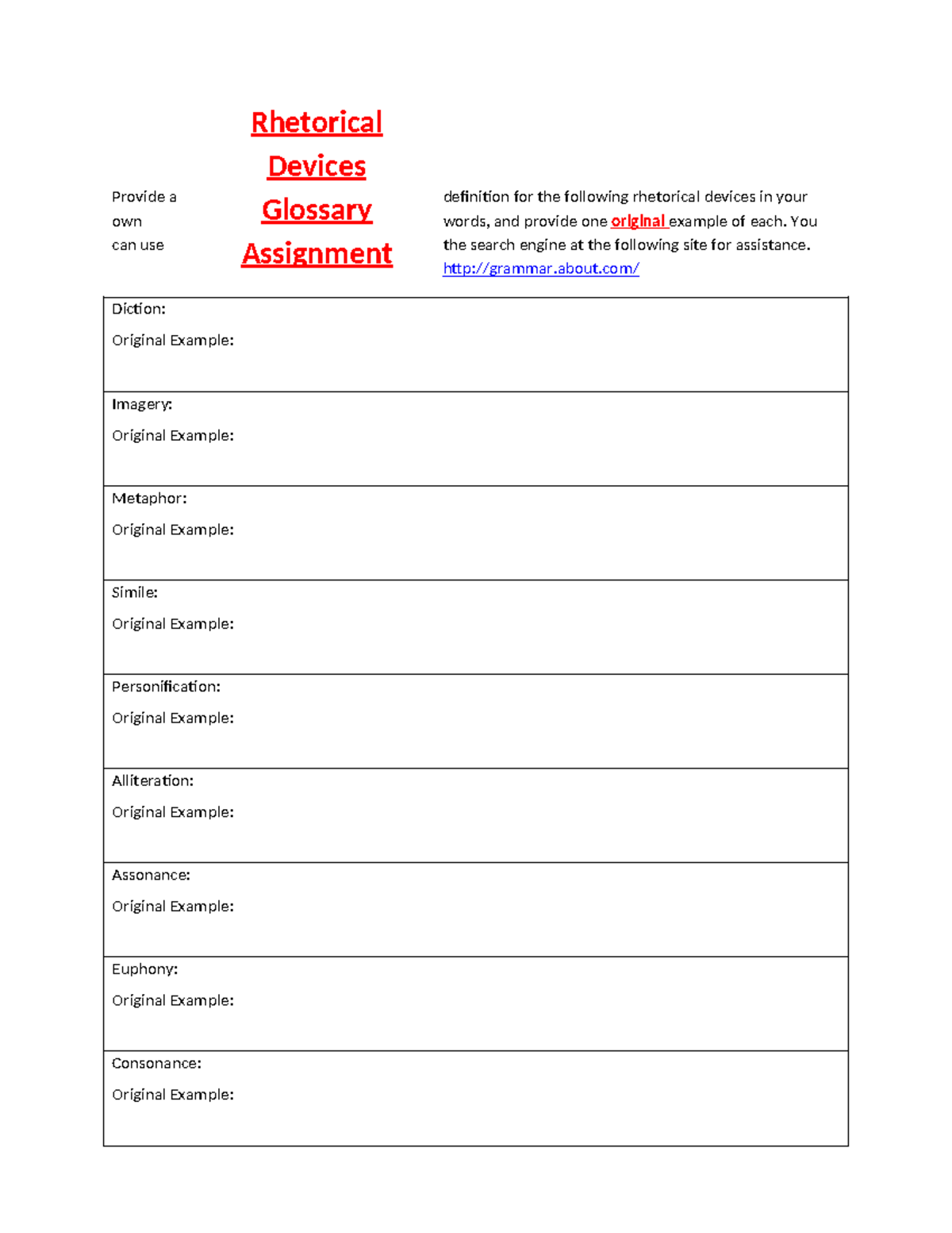 Rhetorical Devices assignment - Provide a definition for the following ...