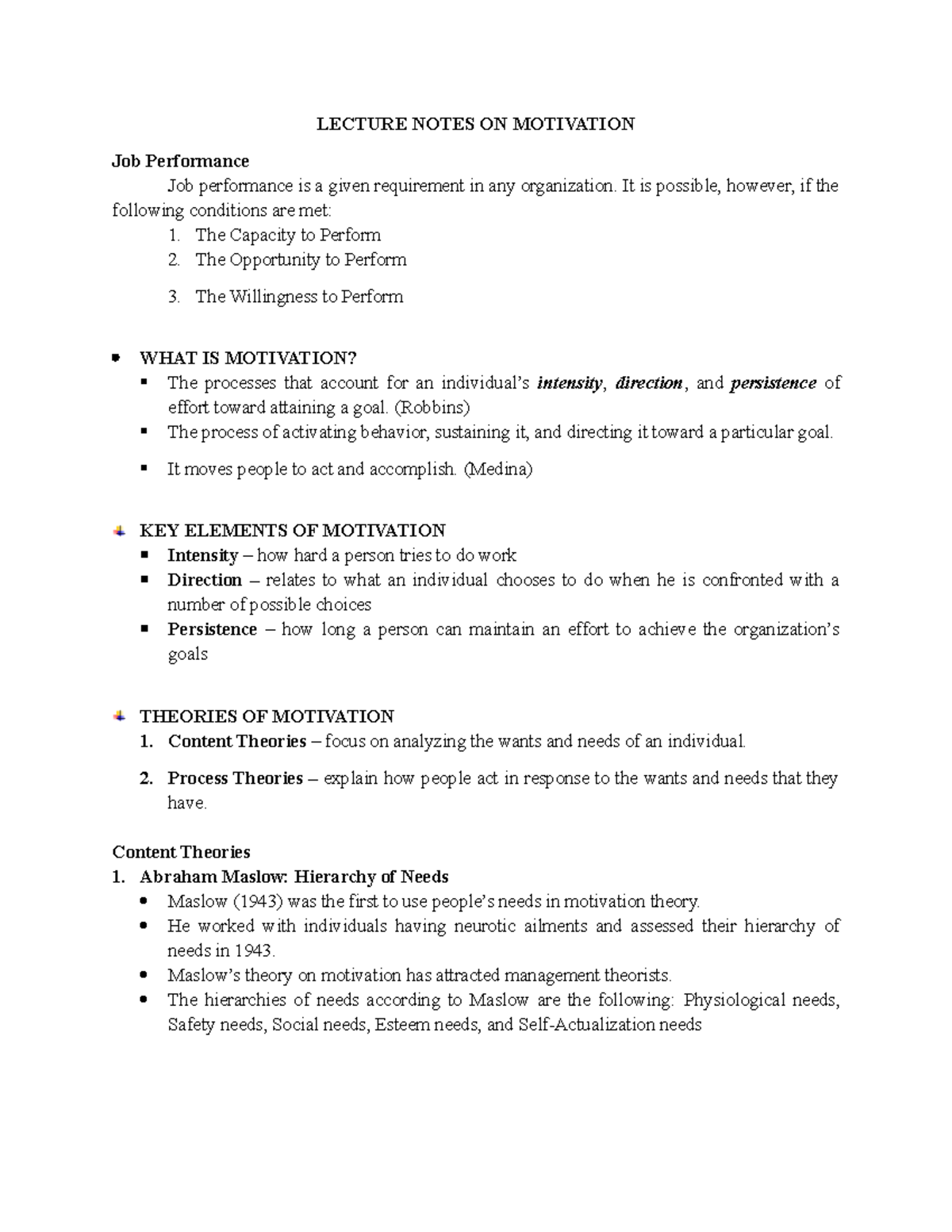 HBO C6: Lecture Notes on Motivation - LECTURE NOTES ON MOTIVATION Job ...