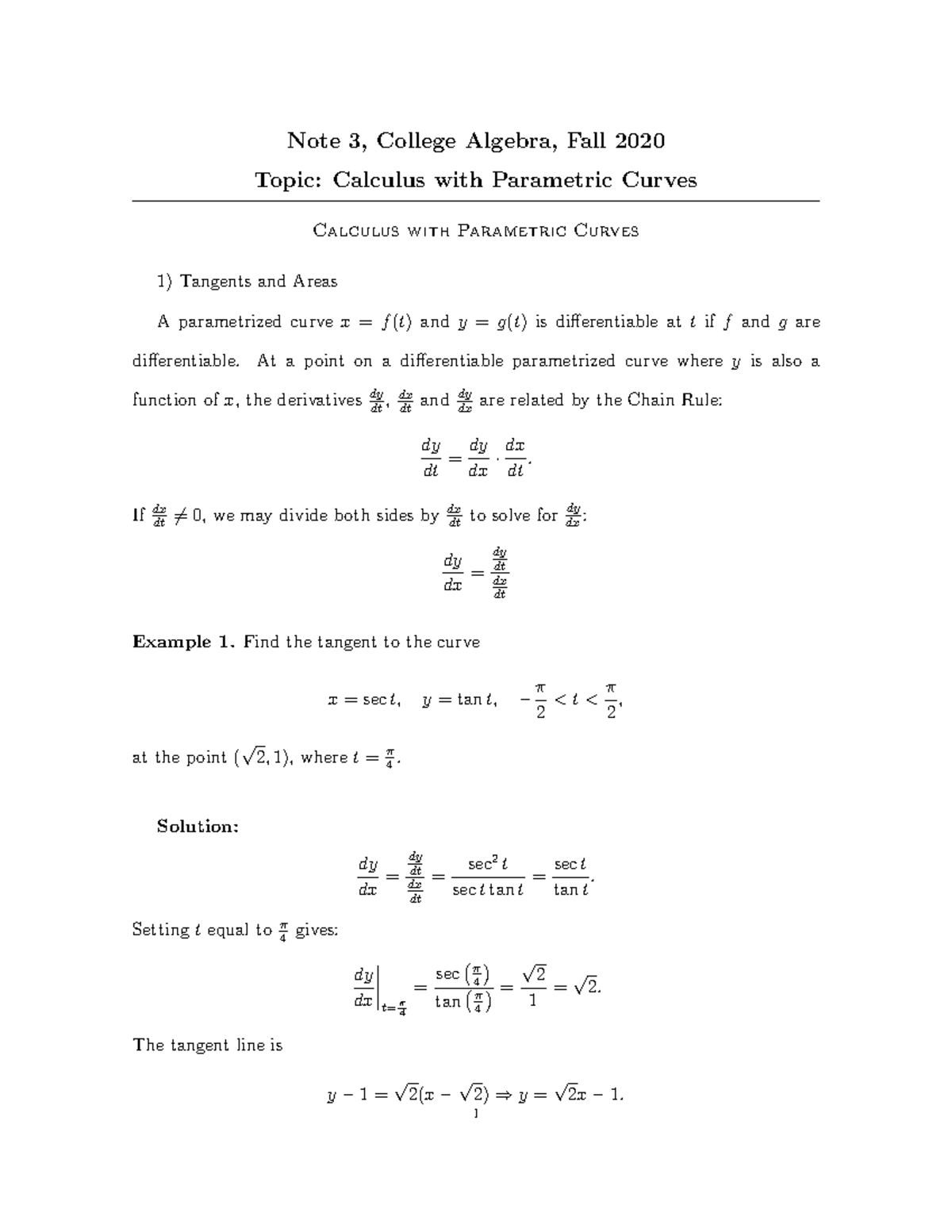 Note3 - Calculus With Parametric Curves - Note 3, College Algebra, Fall ...